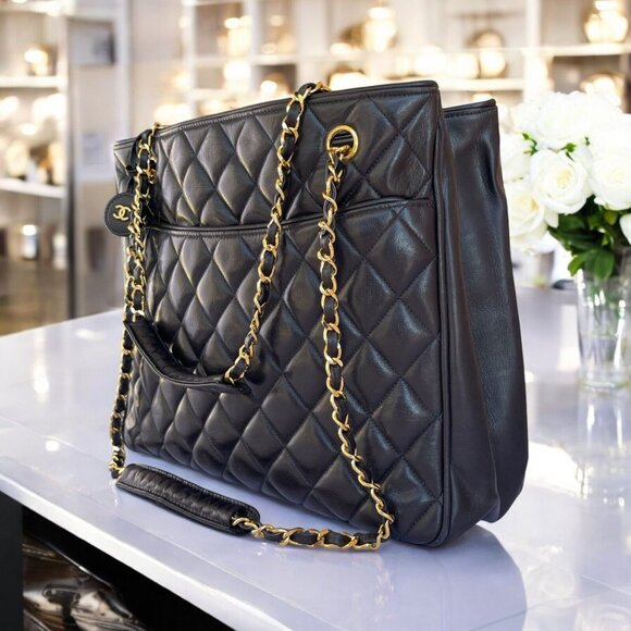 CHANEL Shopper Bag Double Chain Quilted Black Lambskin Large Tote CC Authentic - Picture 8 of 16